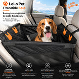 LeLo Pet TitanRide Solo τοποθετημένο στο πίσω κάθισμα αυτοκινήτου με σκύλο, ψηλά προστατευτικά τοιχώματα, mesh πλευρές και premium ενισχυμένη κατασκευή