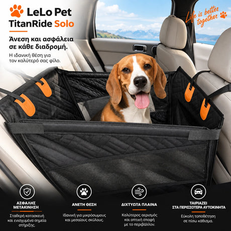 LeLo Pet TitanRide Solo τοποθετημένο στο πίσω κάθισμα αυτοκινήτου με σκύλο, ψηλά προστατευτικά τοιχώματα, mesh πλευρές και premium ενισχυμένη κατασκευή