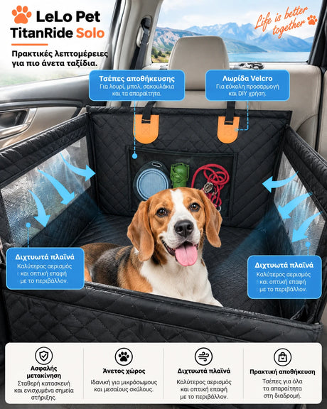 LeLo Pet TitanRide Solo με mesh πλαϊνά για καλύτερο αερισμό, πρακτικές θήκες αποθήκευσης και Velcro ενίσχυση για άνετη και οργανωμένη μεταφορά σκύλου στο πίσω κάθισμα