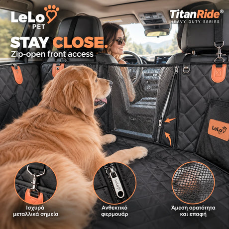 LeLo Pet TitanRide με μπροστινό mesh παράθυρο και φερμουάρ για ορατότητα προς την καμπίνα, μεταλλικά σημεία σύνδεσης και μεγάλο σκύλο στο πίσω κάθισμα