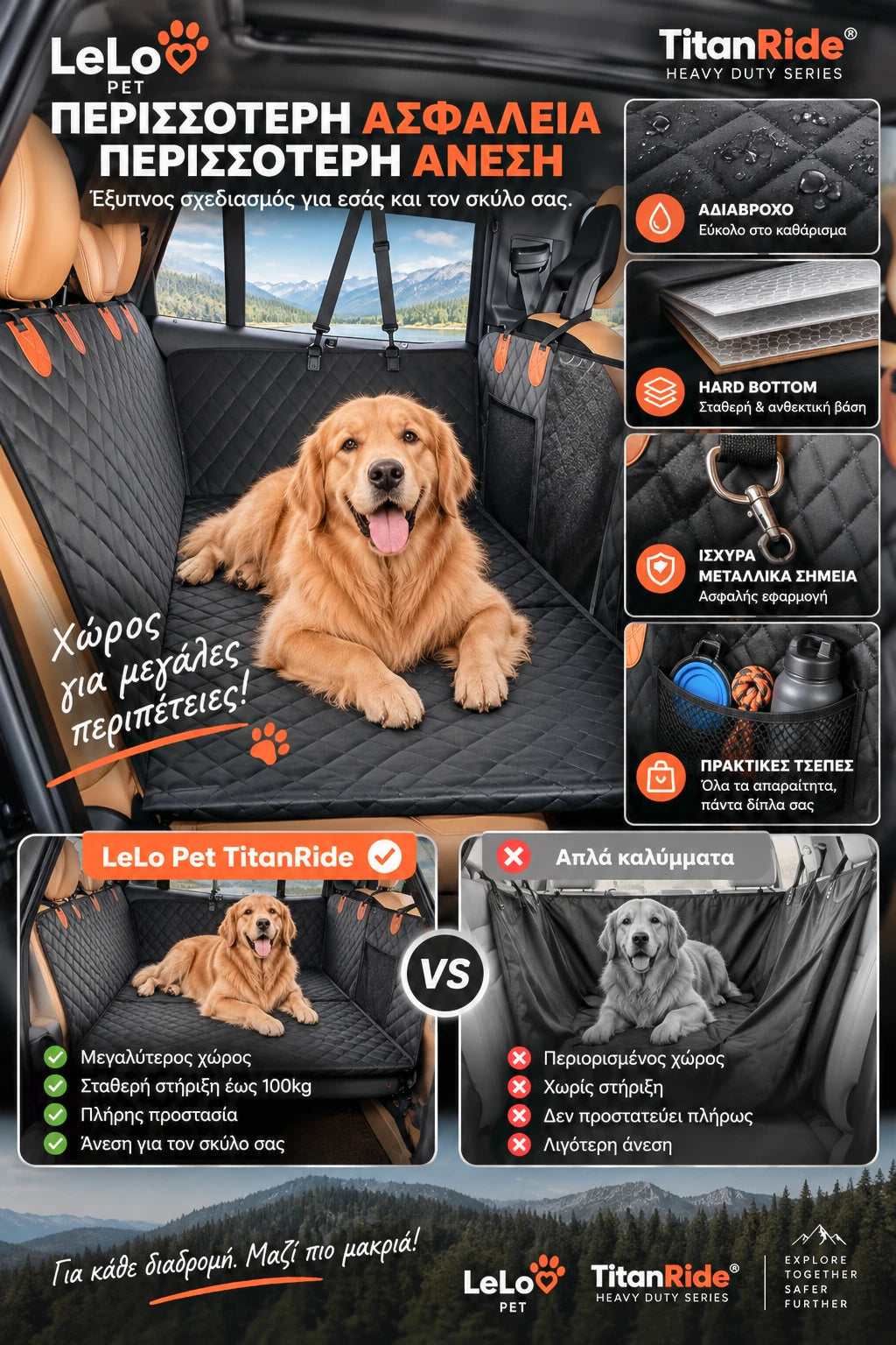 LeLo Pet TitanRide Heavy Duty με αδιάβροχη κατασκευή, σκληρό κυψελωτό πάτο, μεταλλικά σημεία σύνδεσης και μεγαλύτερο σταθερό χώρο για τον σκύλο