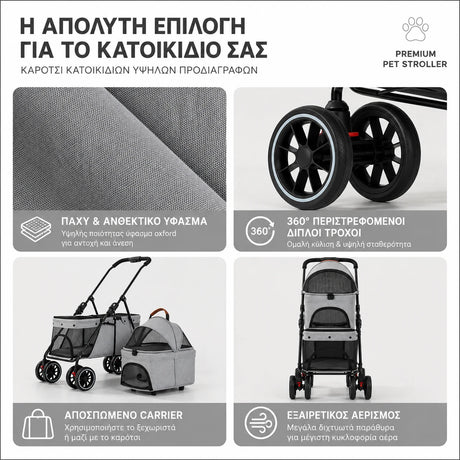 LeLo Pet UrbanCruise® Advanced Gray με ανθεκτικό ύφασμα, διπλούς τροχούς 360°, αποσπώμενο carrier και πανοραμικό αερισμό για άνετες και ασφαλείς μετακινήσεις κατοικιδίων.