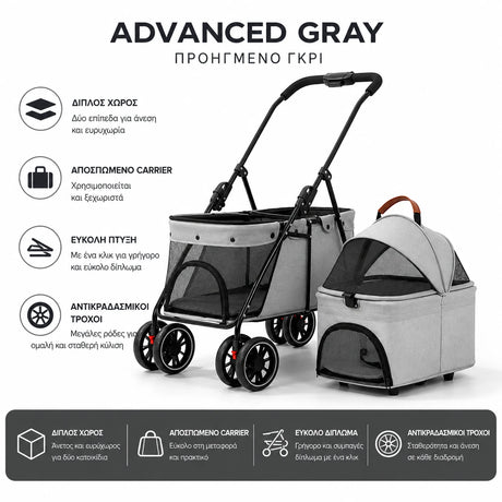 LeLo Pet UrbanCruise® Advanced Gray διώροφο καρότσι κατοικιδίων με αποσπώμενο carrier, εύκολο δίπλωμα, μεγάλους αντικραδασμικούς τροχούς και χώρο για δύο κατοικίδια έως 25kg στο wox.gr