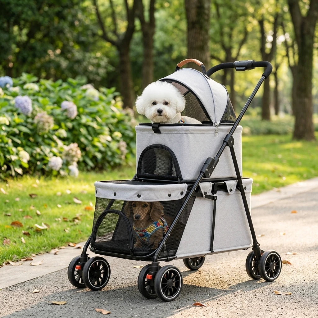 LeLo Pet UrbanCruise® Advanced Gray δίωροφο καρότσι κατοικιδίων με δύο σκύλους σε βόλτα στο πάρκο, κατάλληλο για σκύλους και γάτες έως 25kg.