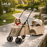 LeLo Pet UrbanCruise® Cream Coffee καρότσι κατοικιδίων με σκύλο στον κάτω χώρο και αποσπώμενο carrier με γάτα σε πάρκο στο wox.gr