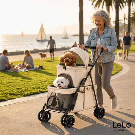 LeLo Pet UrbanCruise® Premium διώροφο καρότσι κατοικιδίων Cream Coffee με δύο σκύλους σε παραλιακή βόλτα, αποσπώμενο carrier και μεγάλους τροχούς στο wox.gr