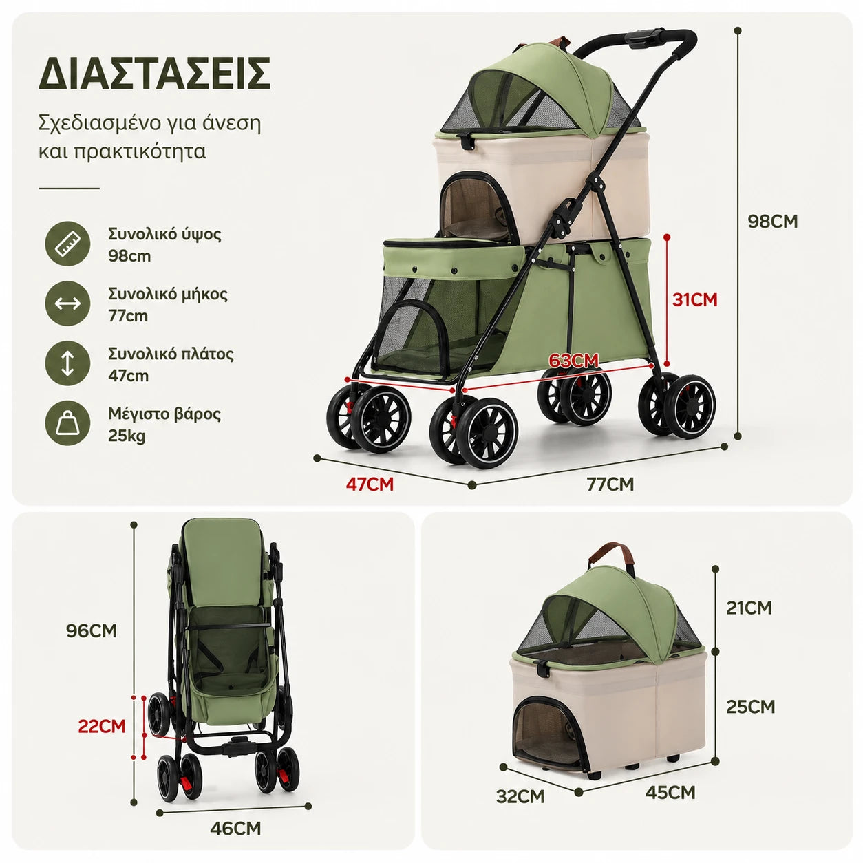 LeLo Pet UrbanCruise® – Premium Double-Decker Pet Stroller with Detachable Carrier for 2 Dogs or Cats up to 25kg | Sage Green