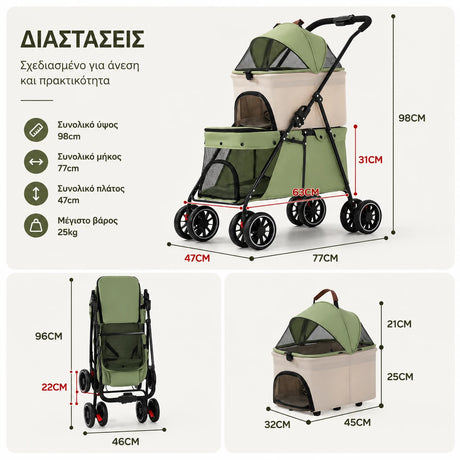 LeLo Pet UrbanCruise® – Premium Double-Decker Pet Stroller with Detachable Carrier for 2 Dogs or Cats up to 25kg | Sage Green