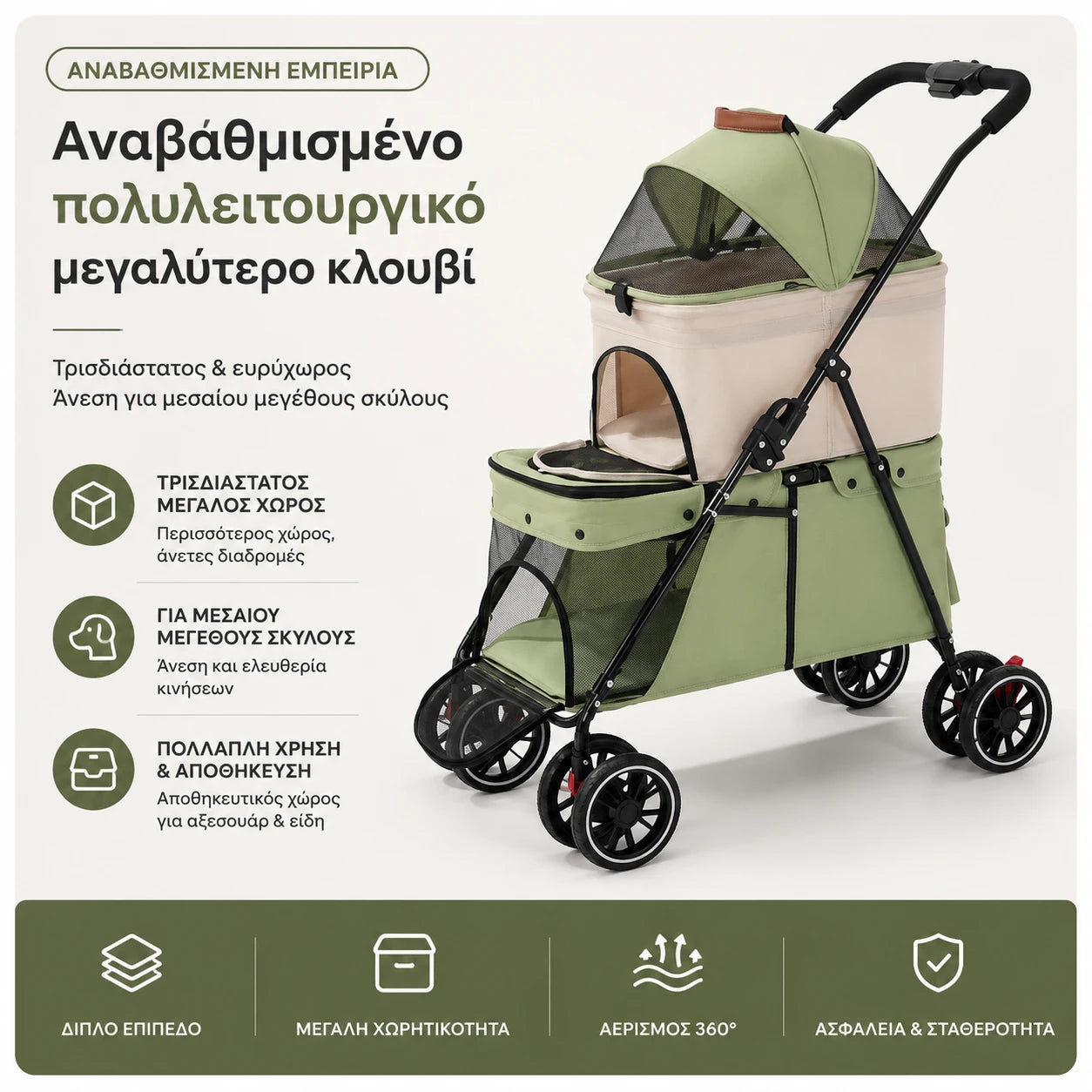 LeLo Pet UrbanCruise® Sage Green διώροφο καρότσι κατοικιδίων με μεγάλο τρισδιάστατο χώρο, αποσπώμενο cream carrier, αερισμό 360° και άνεση για δύο κατοικίδια έως 25kg στο wox.gr