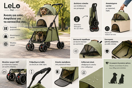LeLo Pet UrbanCruise® Sage Green premium διώροφο καρότσι κατοικιδίων με αναλυτική παρουσίαση χαρακτηριστικών, αποσπώμενο carrier, αναδιπλούμενο σκελετό, μεγάλους τροχούς 360°, ρυθμιζόμενη λαβή και διχτυωτό αερισμό για σκύλους και γάτες στο wox.gr