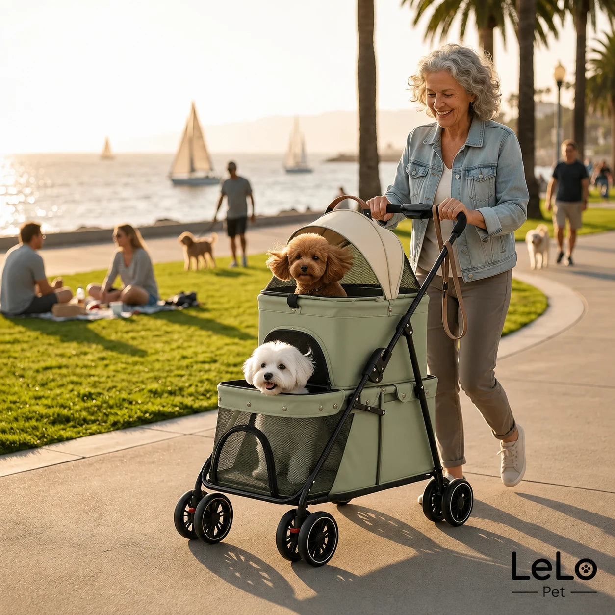 LeLo Pet UrbanCruise® premium διώροφο καρότσι κατοικιδίων Sage Green με cream επάνω carrier σε παραθαλάσσια βόλτα, με δύο μικρούς σκύλους, μεγάλους τροχούς και αποσπώμενο carrier στο wox.gr