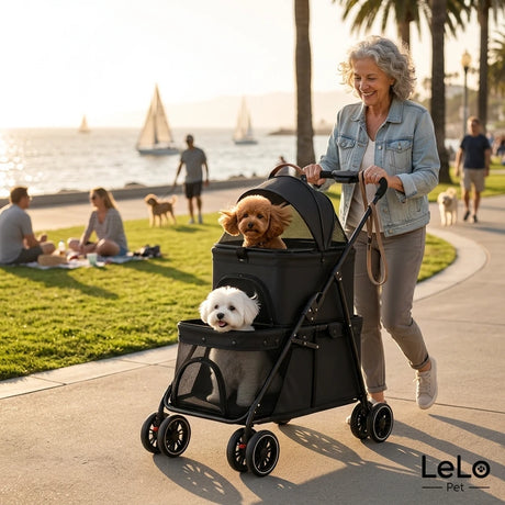 LeLo Pet UrbanCruise μαύρο διώροφο καρότσι κατοικιδίων με δύο μικρούς σκύλους σε παραθαλάσσια βόλτα με ηλικιωμένη ιδιοκτήτρια στο wox.gr