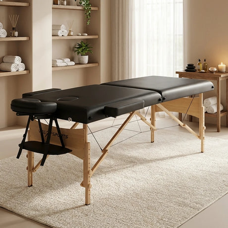 πτυσσόμενο κρεβάτι μασάζ ανοιχτό με ξύλινο σκελετό και μαύρη επένδυση
