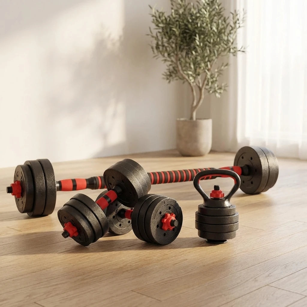 Αλτήρες και μπάρα γυμναστικής VSL Sports PowerDumbbell 20 σε χώρο προπόνησης στο σπίτι