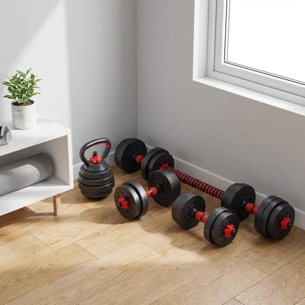 Σετ αλτήρων και kettlebell VSL Sports PowerDumbbell 20 τοποθετημένο σε πάτωμα σπιτιού