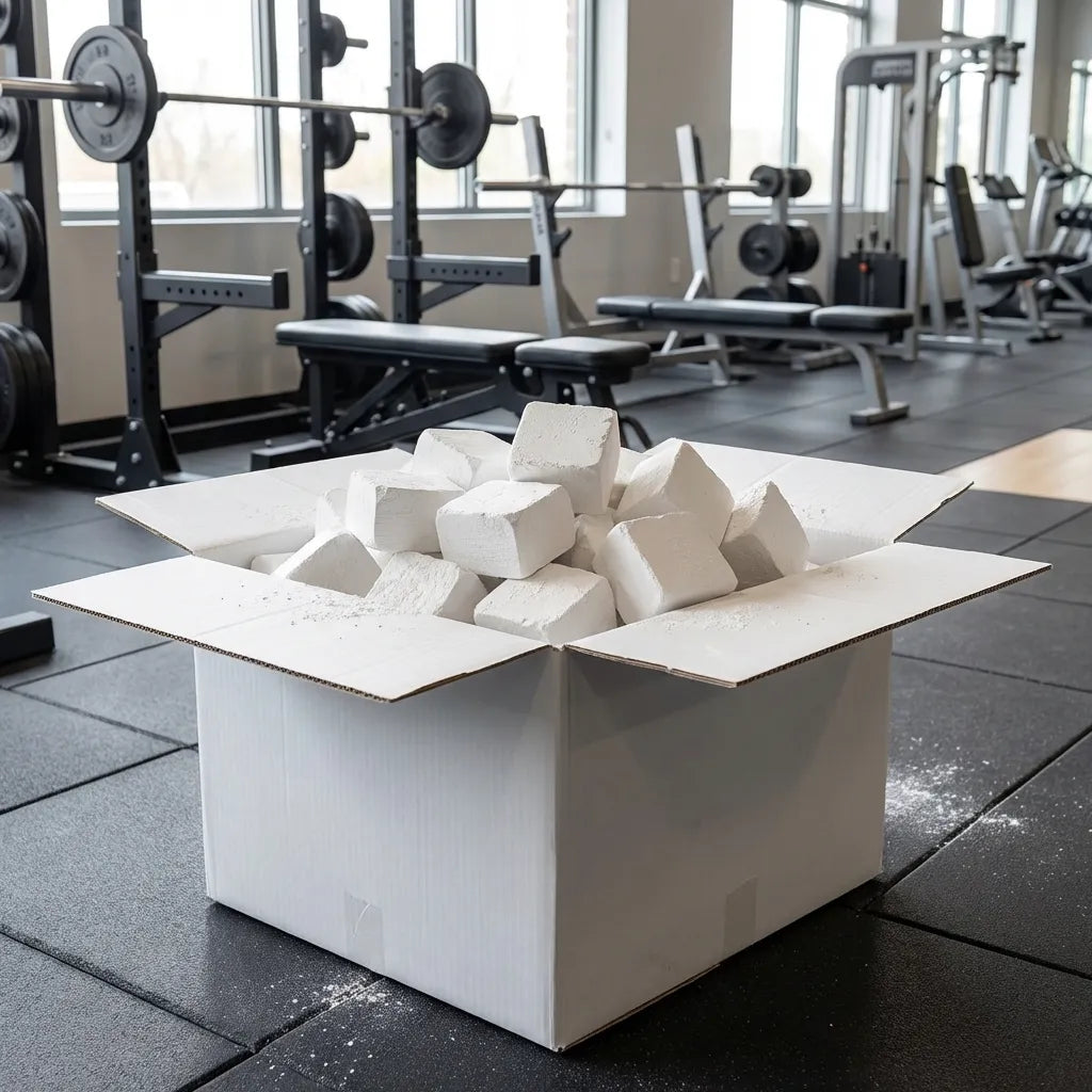 Ανοιχτό λευκό κουτί με 288 blocks μαγνησίας 56g για γυμναστήρια