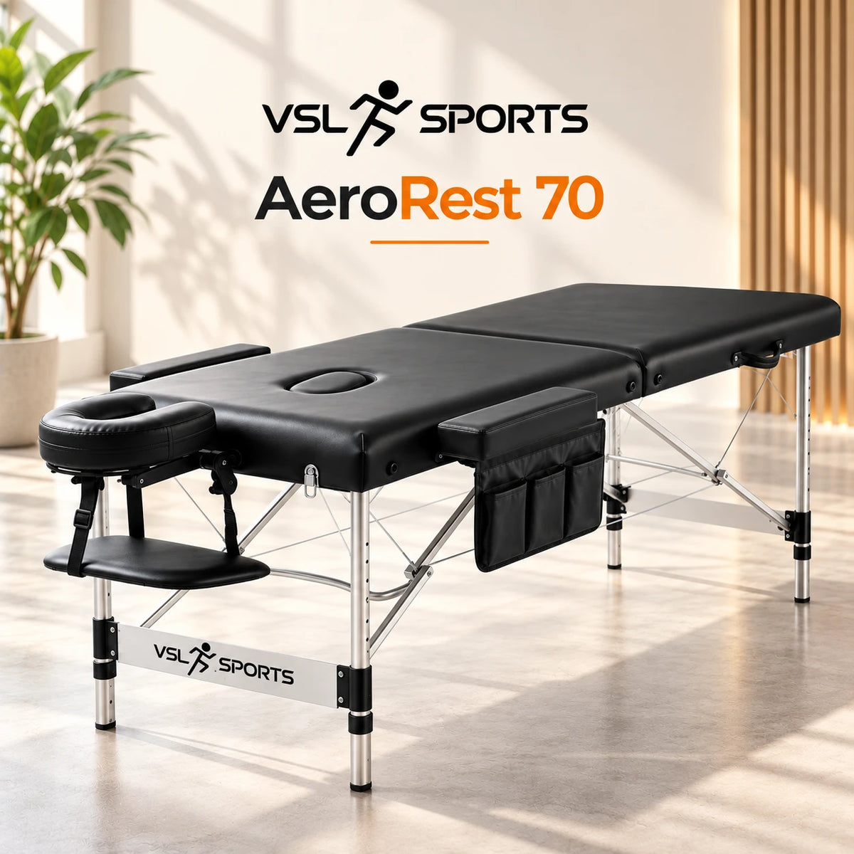 VSL Sports AeroRest 70 φορητό πτυσσόμενο κρεβάτι μασάζ 185×70cm με σκελετό αλουμινίου, προσκέφαλο, μπράτσα και πλαϊνή θήκη.