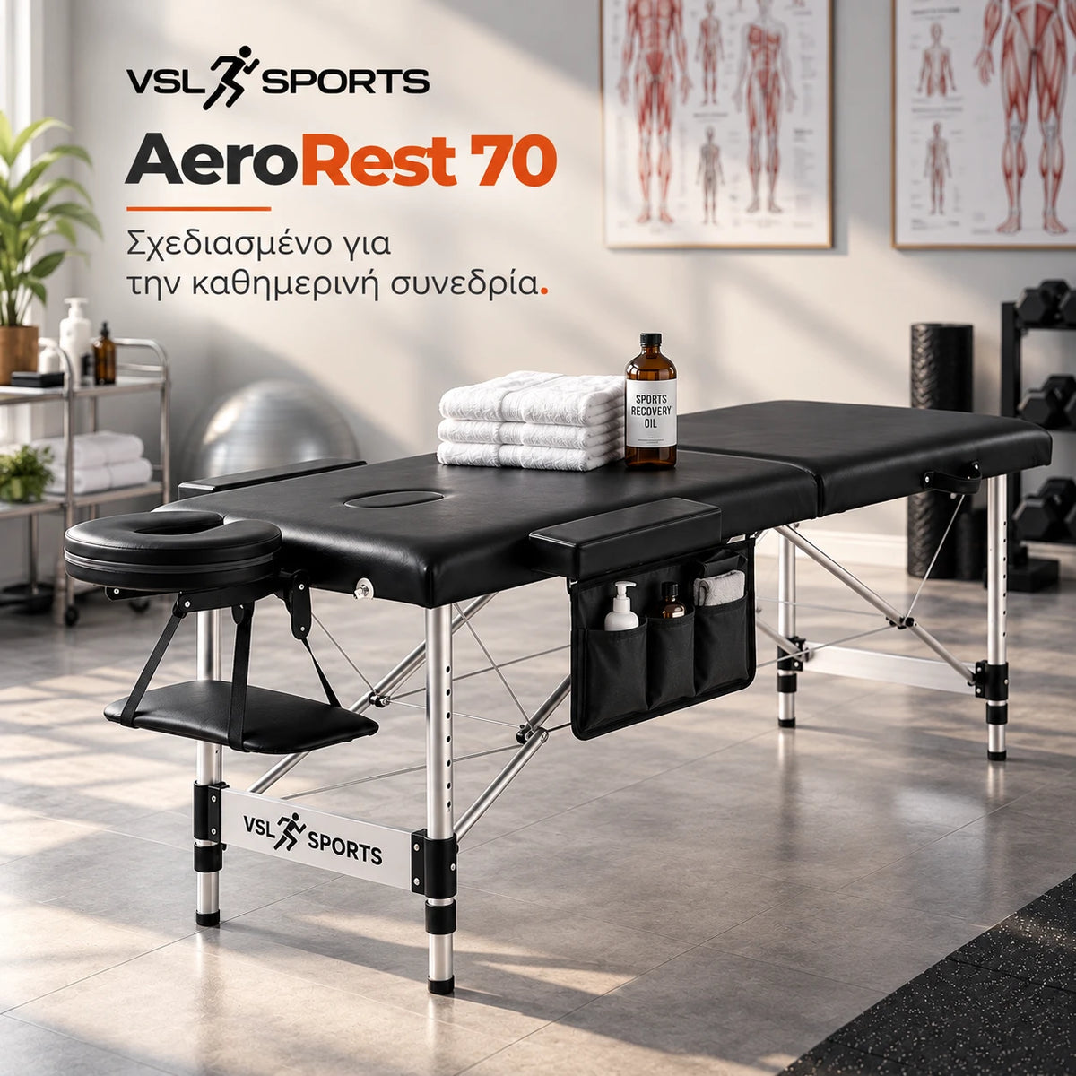 VSL Sports AeroRest 70 επαγγελματικό κρεβάτι μασάζ αλουμινίου σε χώρο αθλητικής αποκατάστασης, με πλαϊνή θήκη και εξοπλισμό συνεδρίας.