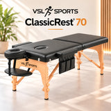 VSL Sports ClassicRest 70 πτυσσόμενο ξύλινο κρεβάτι μασάζ 185×70cm με προσκέφαλο, πλαϊνή θήκη, ρυθμιζόμενο ύψος και σταθερή επαγγελματική κατασκευή.