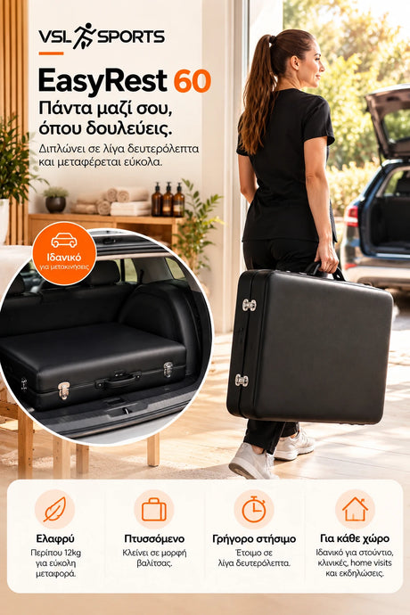 VSL Sports EasyRest 60 σε κάθετη premium τελική παρουσίαση για κινητό, με φορητό σχεδιασμό, βάρος περίπου 12kg, μέγιστο φορτίο 200kg και επαγγελματική χρήση.