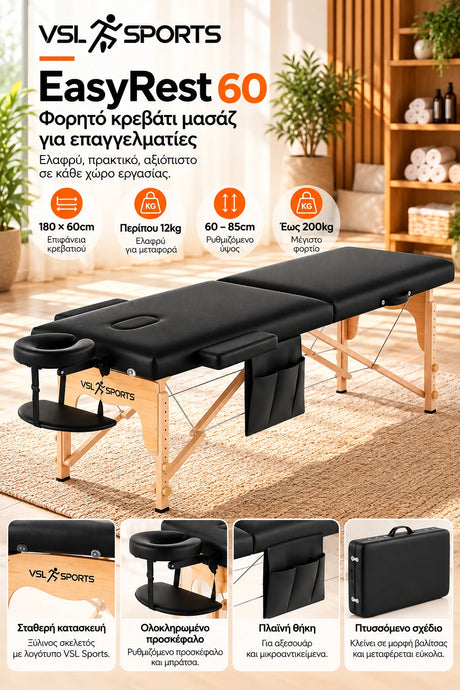 VSL Sports EasyRest 60 φορητό πτυσσόμενο κρεβάτι μασάζ 180×60cm με ξύλινο σκελετό, σωστή πλαϊνή θήκη πολλαπλών θέσεων, ρυθμιζόμενο ύψος 60–85cm και μέγιστο φορτίο 200kg.