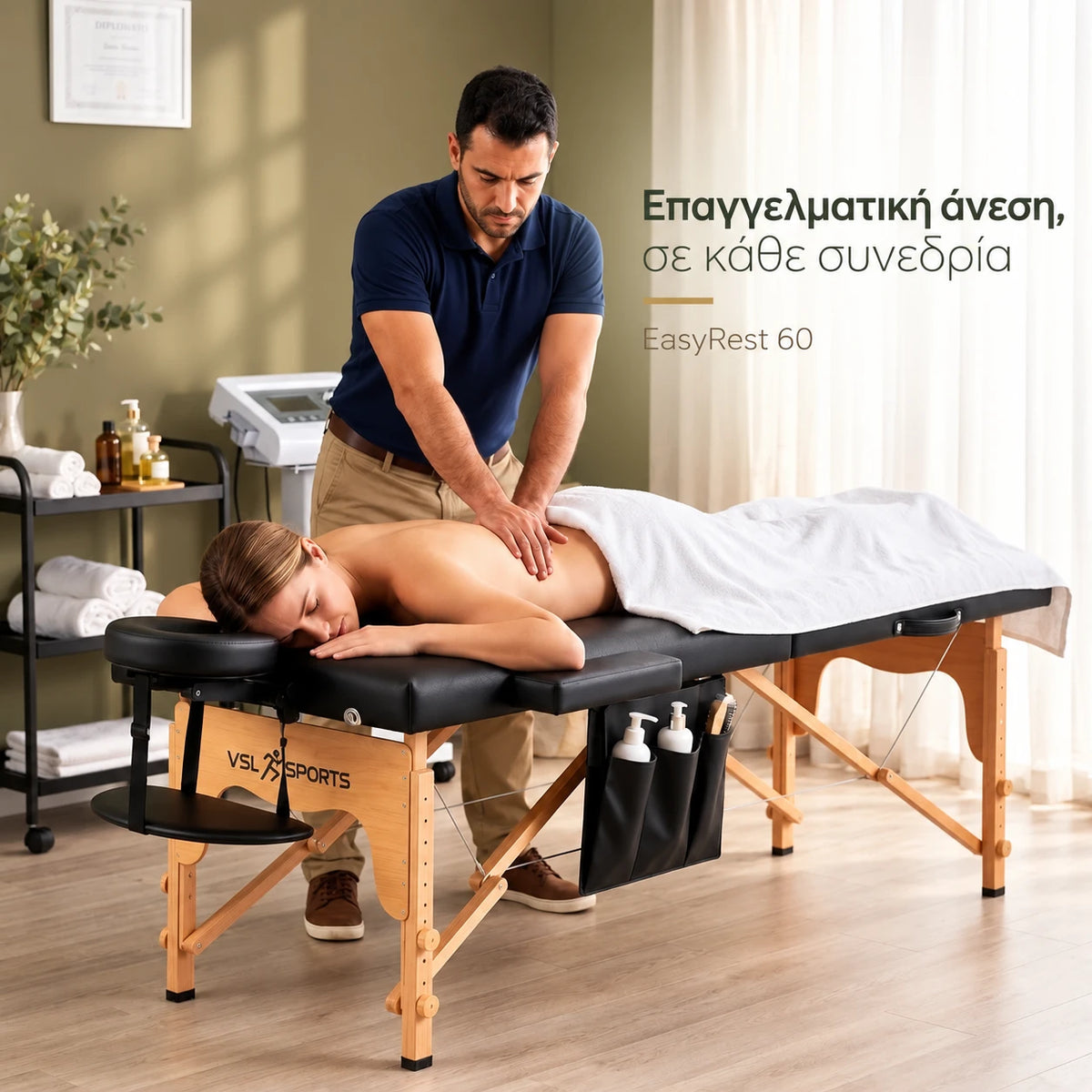VSL Sports EasyRest 60 σε επαγγελματική συνεδρία μασάζ, με ξύλινο σκελετό, μαύρη επιφάνεια, προσκέφαλο και πλαϊνή θήκη αποθήκευσης σε φυσικό θεραπευτικό χώρο.