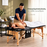 VSL Sports EasyRest 60 σε επαγγελματική συνεδρία μασάζ, με ξύλινο σκελετό, μαύρη επιφάνεια, προσκέφαλο και πλαϊνή θήκη αποθήκευσης σε φυσικό θεραπευτικό χώρο.