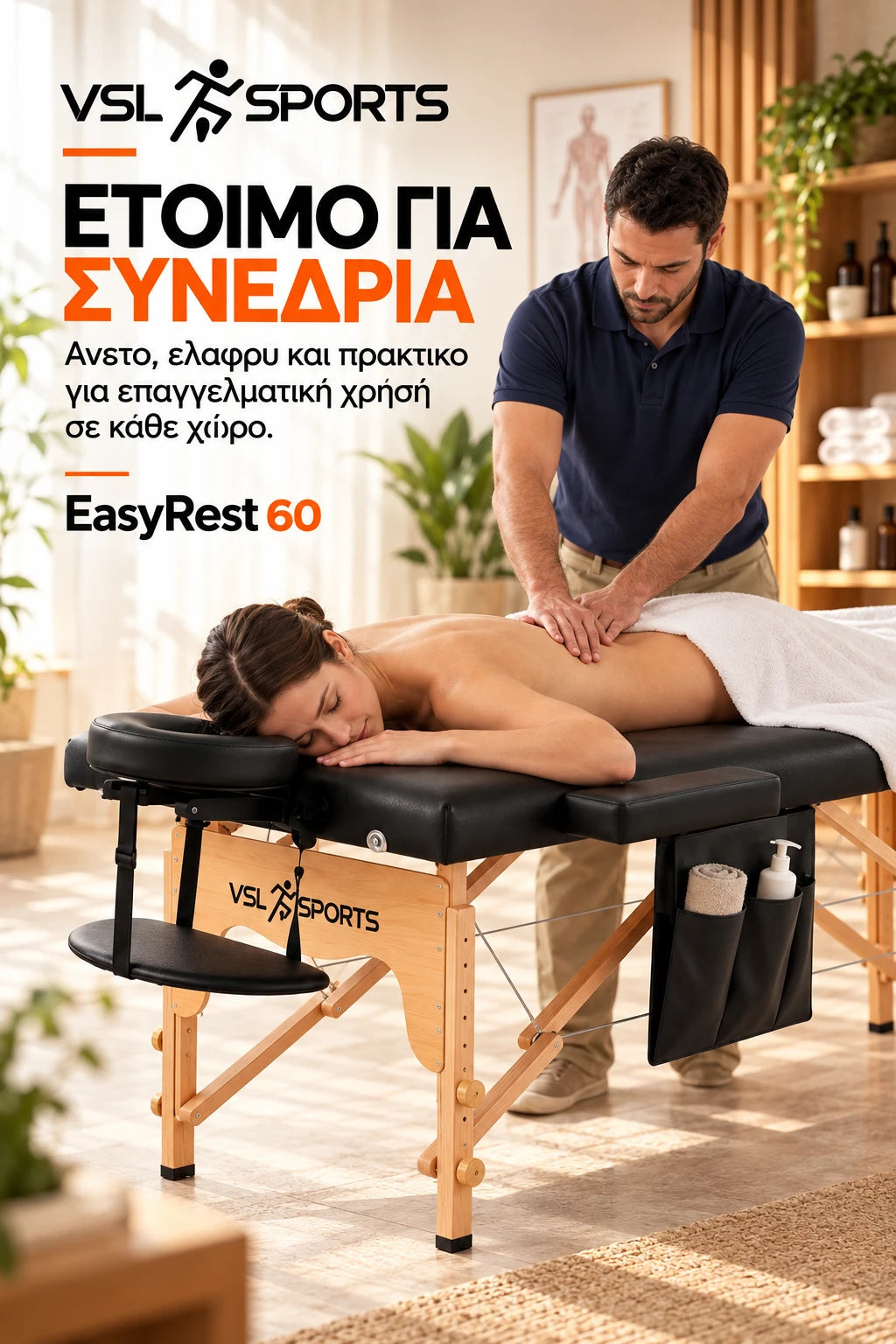 Alt text: VSL Sports EasyRest 60 φορητό πτυσσόμενο κρεβάτι μασάζ σε lifestyle σκηνή επαγγελματικής συνεδρίας με θεραπευτή, πελάτισσα και ξύλινο σκελετό με πλαϊνή θήκη.