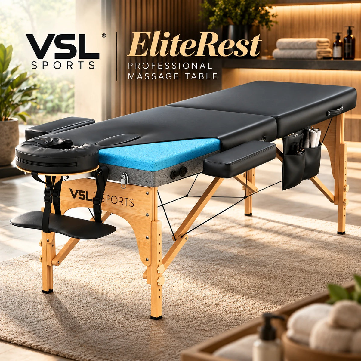 VSL Sports EliteRest high-end επαγγελματικό πτυσσόμενο κρεβάτι μασάζ 185x70cm με Memory Foam, PU Leather, ξύλινο σκελετό, Reiki Panel και premium επαγγελματικά στηρίγματα.