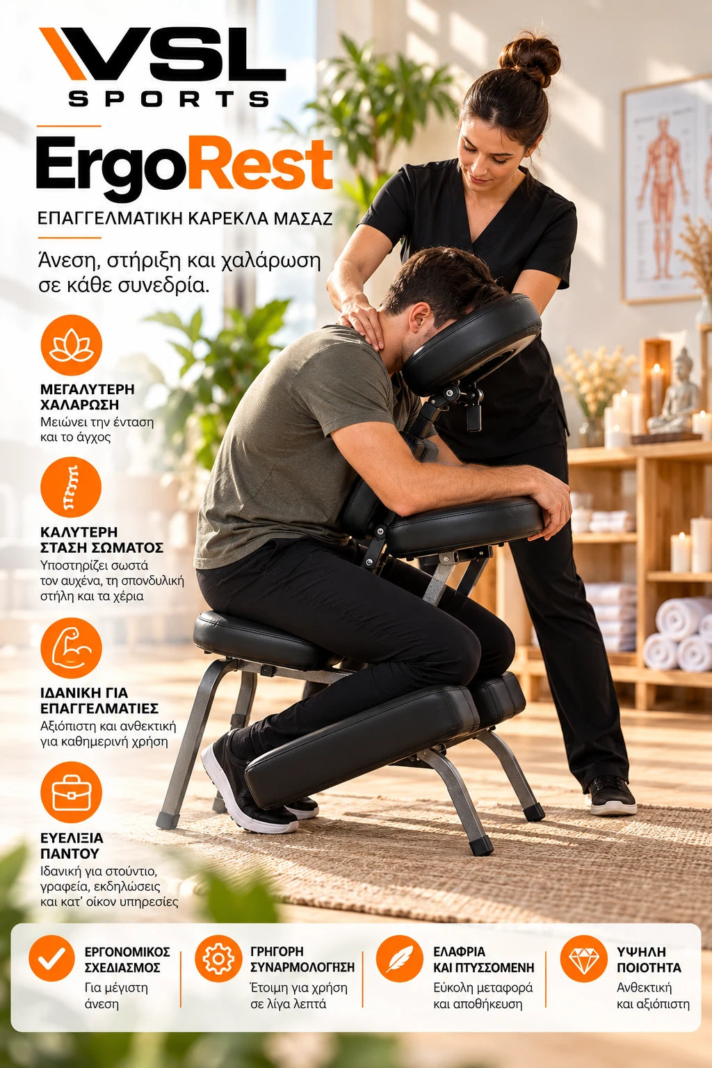 VSL Sports ErgoRest επαγγελματική καρέκλα μασάζ σε χρήση από θεραπεύτρια, με εργονομική στήριξη αυχένα, θώρακα, χεριών και γονάτων, ιδανική για επαγγελματικό μασάζ και χαλάρωση.