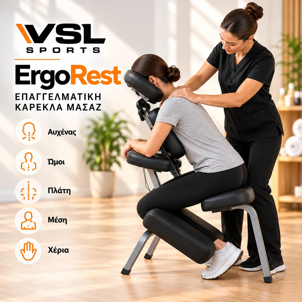 VSL Sports ErgoRest επαγγελματική καρέκλα μασάζ σε χρήση, με θεραπεύτρια που πραγματοποιεί μασάζ σε αυχένα και ώμους, εργονομική στήριξη σώματος και γονάτων.
