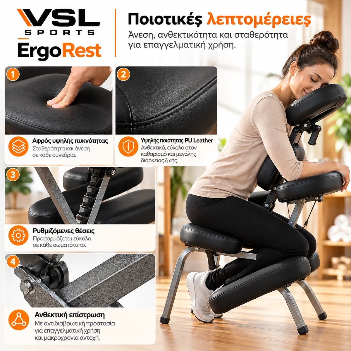 VSL Sports ErgoRest επαγγελματική καρέκλα μασάζ με αφρό υψηλής πυκνότητας, επένδυση PU Leather, ρυθμιζόμενες θέσεις και ανθεκτικό μεταλλικό σκελετό, σε αναλυτικές κοντινές φωτογραφίες.