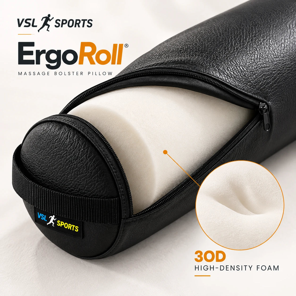 VSL Sports ErgoRoll – Κυλινδρικό μαξιλάρι μασάζ με αφρό υψηλής πυκνότητας 30D, μαύρη επένδυση PU Leather και ανοιχτό φερμουάρ που αποκαλύπτει τον εσωτερικό αφρό.