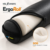 VSL Sports ErgoRoll – Κυλινδρικό μαξιλάρι μασάζ με αφρό υψηλής πυκνότητας 30D, μαύρη επένδυση PU Leather και ανοιχτό φερμουάρ που αποκαλύπτει τον εσωτερικό αφρό.