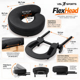 VSL Sports FlexHead universal προσκέφαλο κρεβατιού μασάζ με διαστάσεις μαξιλαριού, αποστάσεις ράβδων, διάμετρο βάσης και ρυθμιζόμενη γωνία έως 45°.