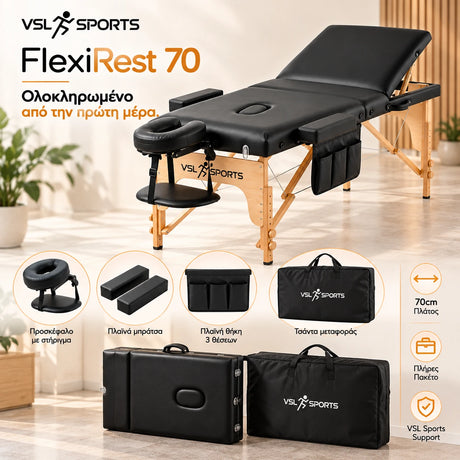 VSL Sports FlexiRest 70 επαγγελματικό πτυσσόμενο κρεβάτι μασάζ 70cm με ρυθμιζόμενη πλάτη, προσκέφαλο, πλαϊνά μπράτσα, θήκη 3 θέσεων και τσάντα μεταφοράς.
