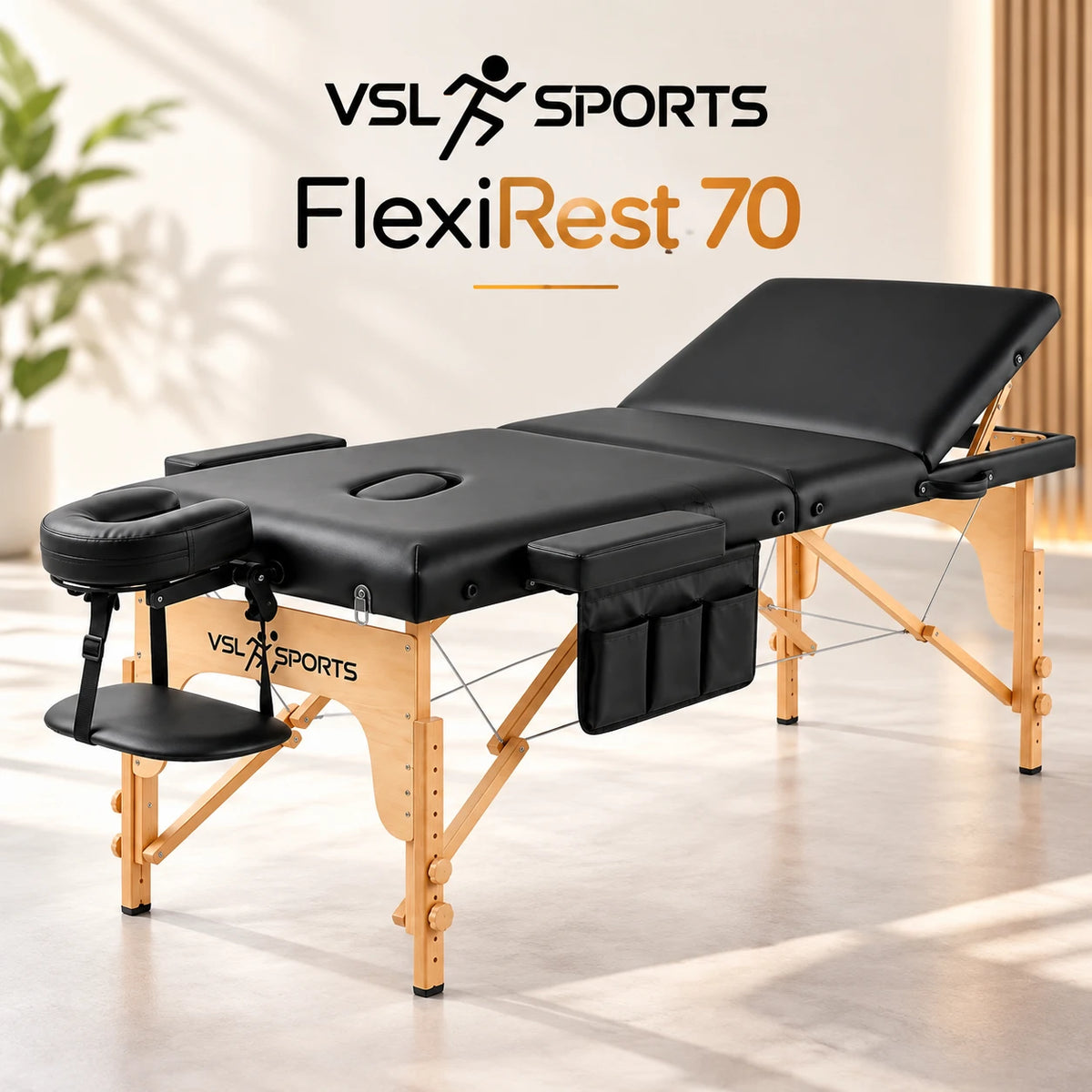 VSL Sports FlexiRest 70 φορητό πτυσσόμενο ξύλινο κρεβάτι μασάζ 70cm με ρυθμιζόμενη πλάτη, προσκέφαλο και πλαϊνή θήκη.