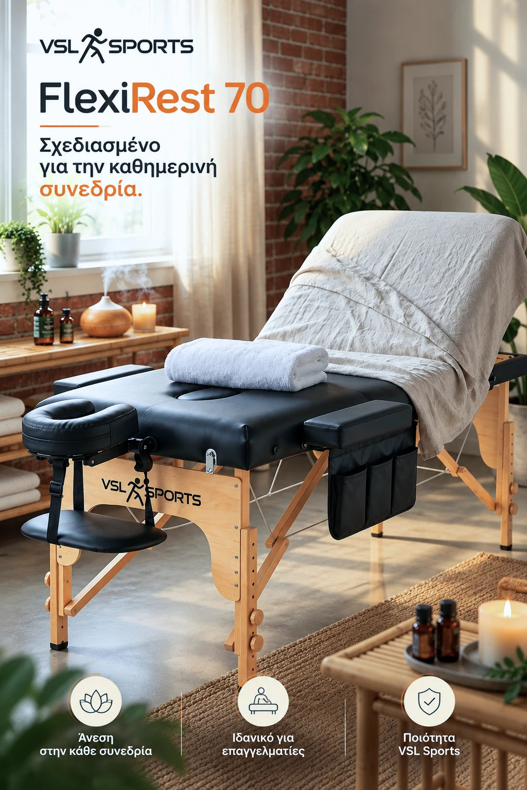 VSL Sports FlexiRest 70 επαγγελματικό κρεβάτι μασάζ με ρυθμιζόμενη πλάτη και πλαϊνή θήκη 3 θέσεων σε φυσικό χώρο massage και αισθητικής.