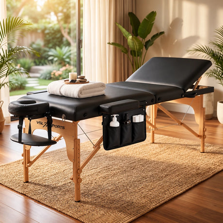 VSL Sports FlexiRest 70 πτυσσόμενο κρεβάτι μασάζ με ανάκλιση πλάτης, προσκέφαλο, πλαϊνή θήκη και ξύλινο σκελετό σε premium χώρο ευεξίας.