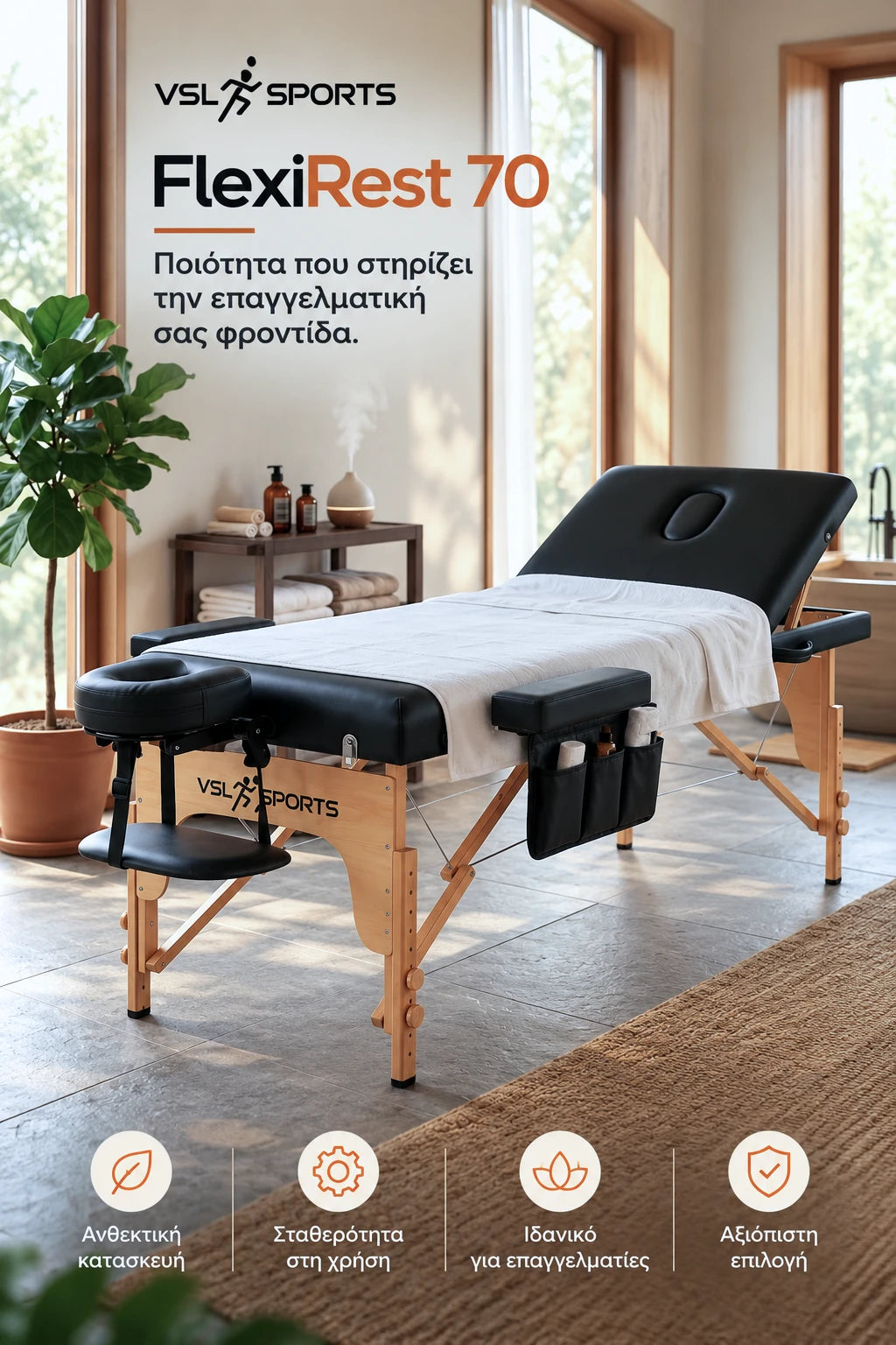VSL Sports FlexiRest 70 επαγγελματικό κρεβάτι μασάζ με ξύλινο σκελετό, ρυθμιζόμενη πλάτη και πλαϊνή θήκη σε premium χώρο θεραπείας.