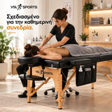 VSL Sports FlexiRest 70 επαγγελματικό κρεβάτι μασάζ σε πραγματικό χώρο συνεδρίας, με ξύλινο σκελετό, ελεύθερο χώρο για εργασία σε σκαμπό και πλαϊνή θήκη 3 θέσεων.