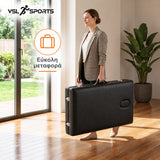 VSL Sports πτυσσόμενο κρεβάτι μασάζ σε compact μορφή βαλίτσας με λαβή για εύκολη μεταφορά και αποθήκευση.