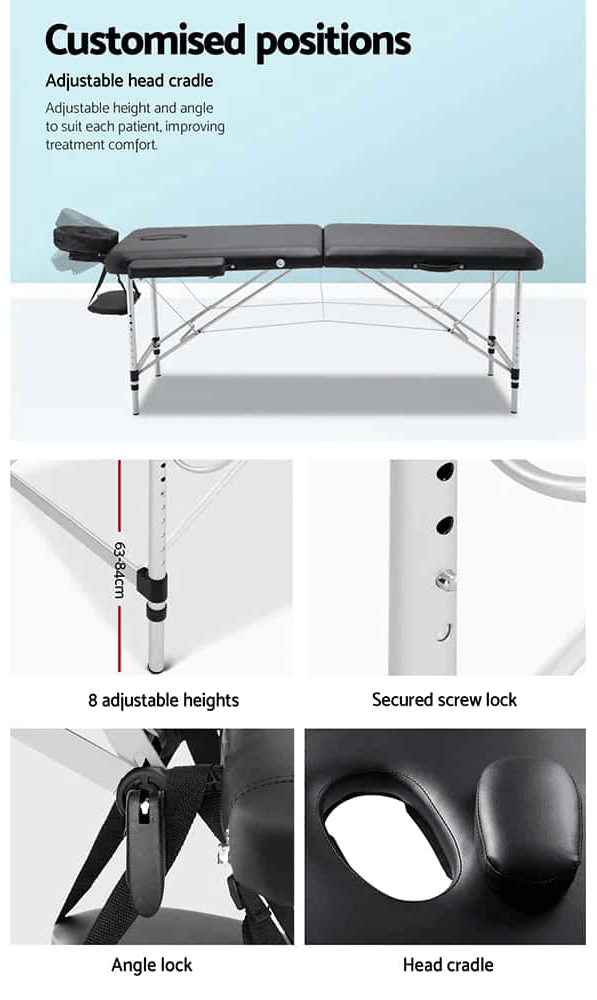 VSL Sports - Φορητό Kρεβάτι αλουμινίου για μασάζ, αισθητική, φυσικοθεραπεία, tattoo, με μαύρο στρώμα βινυλίου και ενισχυμένη τσάντα μεταφοράς - VSL140029BLK - wox.gr