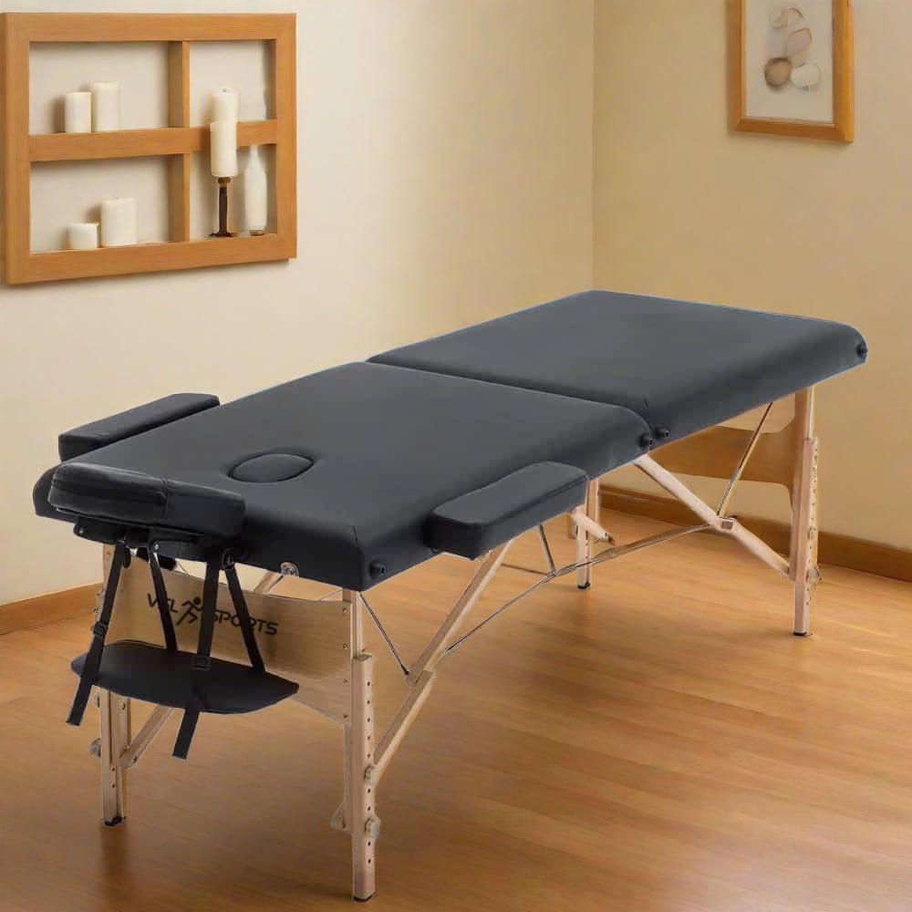 VSL Sports - Φορητό Kρεβάτι για μασάζ, αισθητική, φυσικοθεραπεία, tattoo, με μαύρο στρώμα βινυλίου, Ξύλινο σκελετό και ενισχυμένη τσάντα μεταφοράς - VSL140012BLK