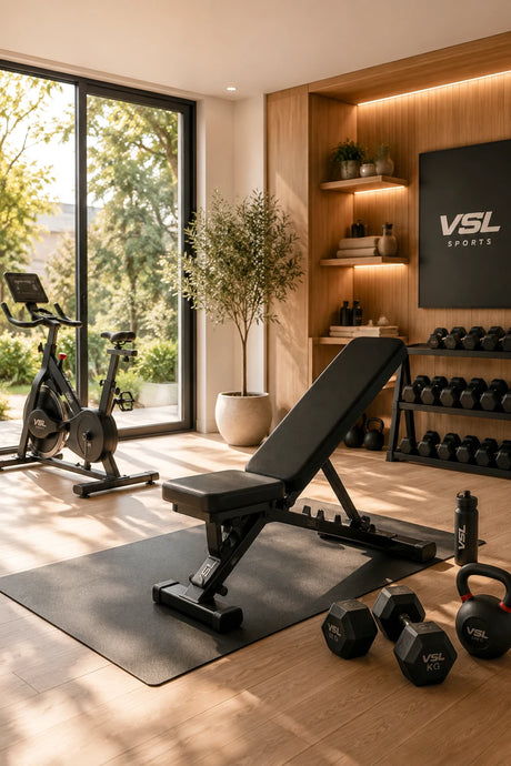 Φωτεινό Home Gym με πάγκο γυμναστικής, αλτήρες, kettlebell και spin bike VSL Sports