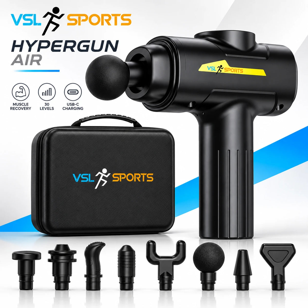 VSL Sports HyperGun Air πιστόλι μασάζ με 8 κεφαλές, βαλιτσάκι μεταφοράς και φόρτιση USB-C σε premium hero εικόνα προϊόντος.