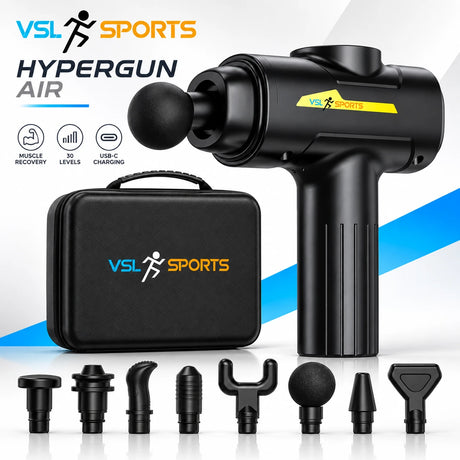 VSL Sports HyperGun Air πιστόλι μασάζ με 8 κεφαλές, βαλιτσάκι μεταφοράς και φόρτιση USB-C σε premium hero εικόνα προϊόντος.