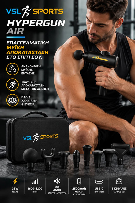 VSL Sports HyperGun Air κάθετη mobile-first εικόνα με πιστόλι μασάζ σε χρήση, βαλιτσάκι, 8 κεφαλές, ισχύ 35W, 1600–3200 RPM, μπαταρία 2500mAh και φόρτιση USB-C.