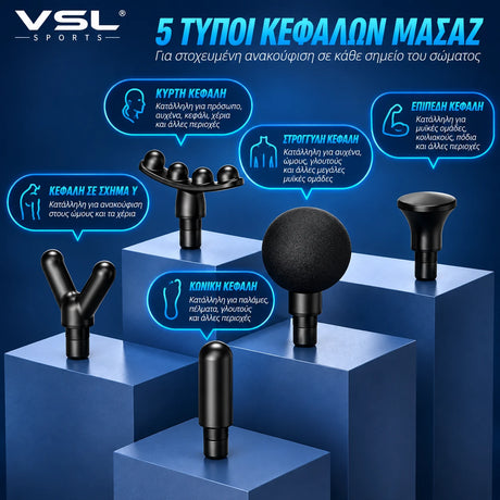 VSL Sports HyperGun Go με 5 διαφορετικές κεφαλές μασάζ για στοχευμένη χρήση σε ώμους, αυχένα, γλουτούς, πόδια, χέρια και άλλες μυϊκές περιοχές.
