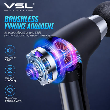 VSL Sports HyperGun Go με brushless motor υψηλής απόδοσης, χαμηλό θόρυβο κάτω από 55dB και σταθερή λειτουργία για πιο ήσυχη εμπειρία μασάζ.